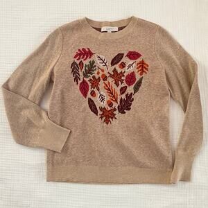 LOFT Women’s Medium Autumn Leaf Heart Beige Pullover Crewneck Sweater‎